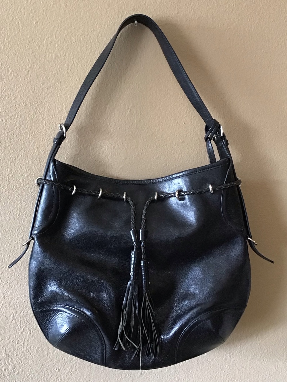 Vintage DKNY Black Leather Braided Tassel Hobo Handbag